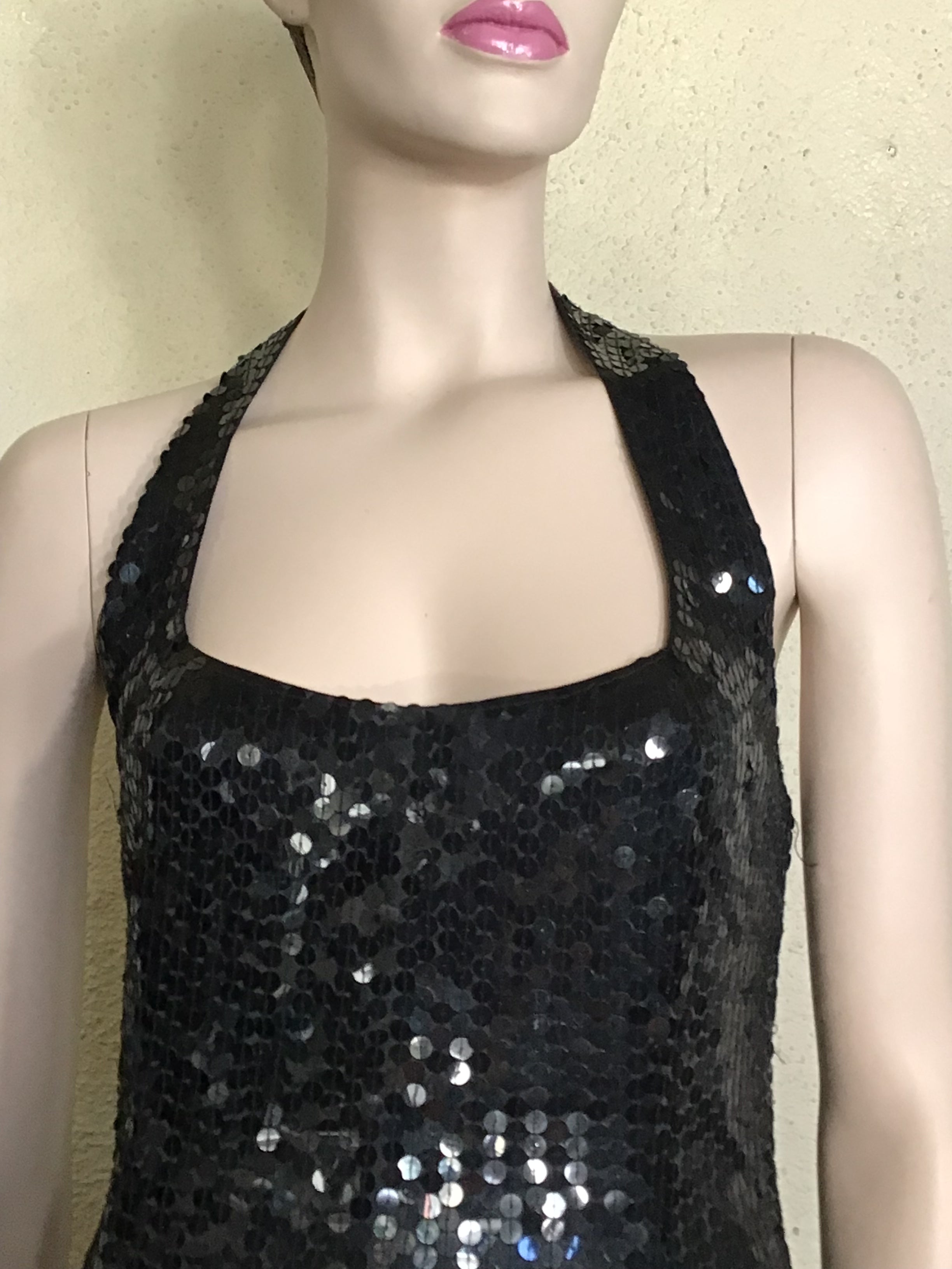 Vintage 80s Black Sequin Halter Maxi Dress With Splits Accents By ...