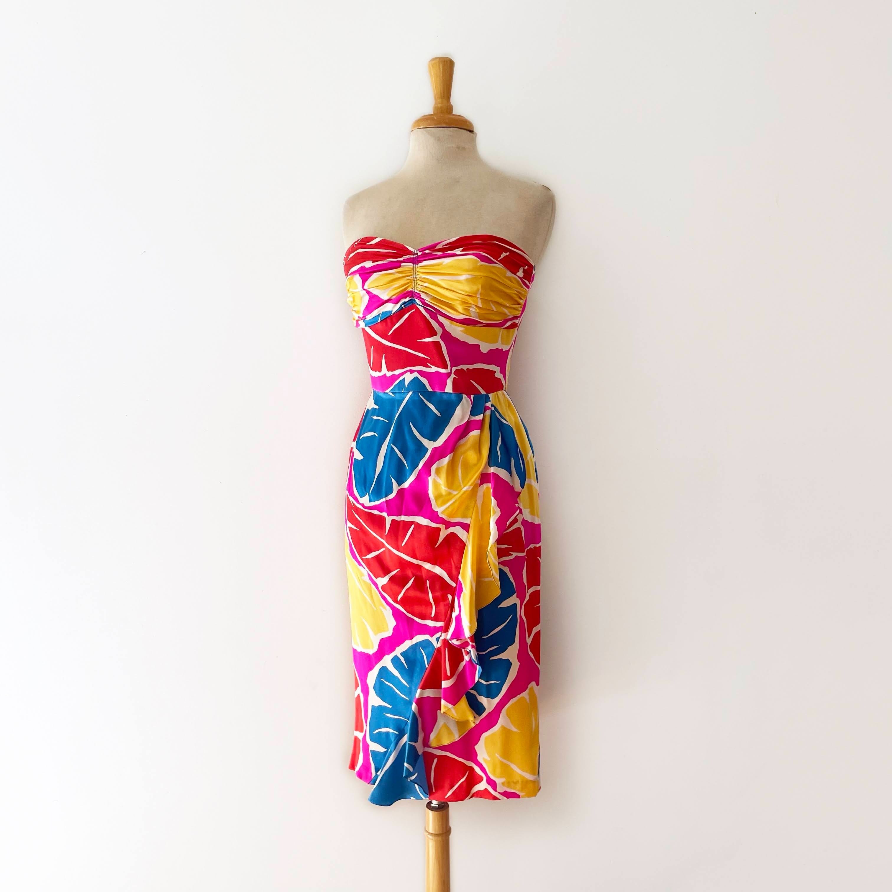 Vintage 80’s Strapless Tropical Print Silk Party Dress by Silks By St ...