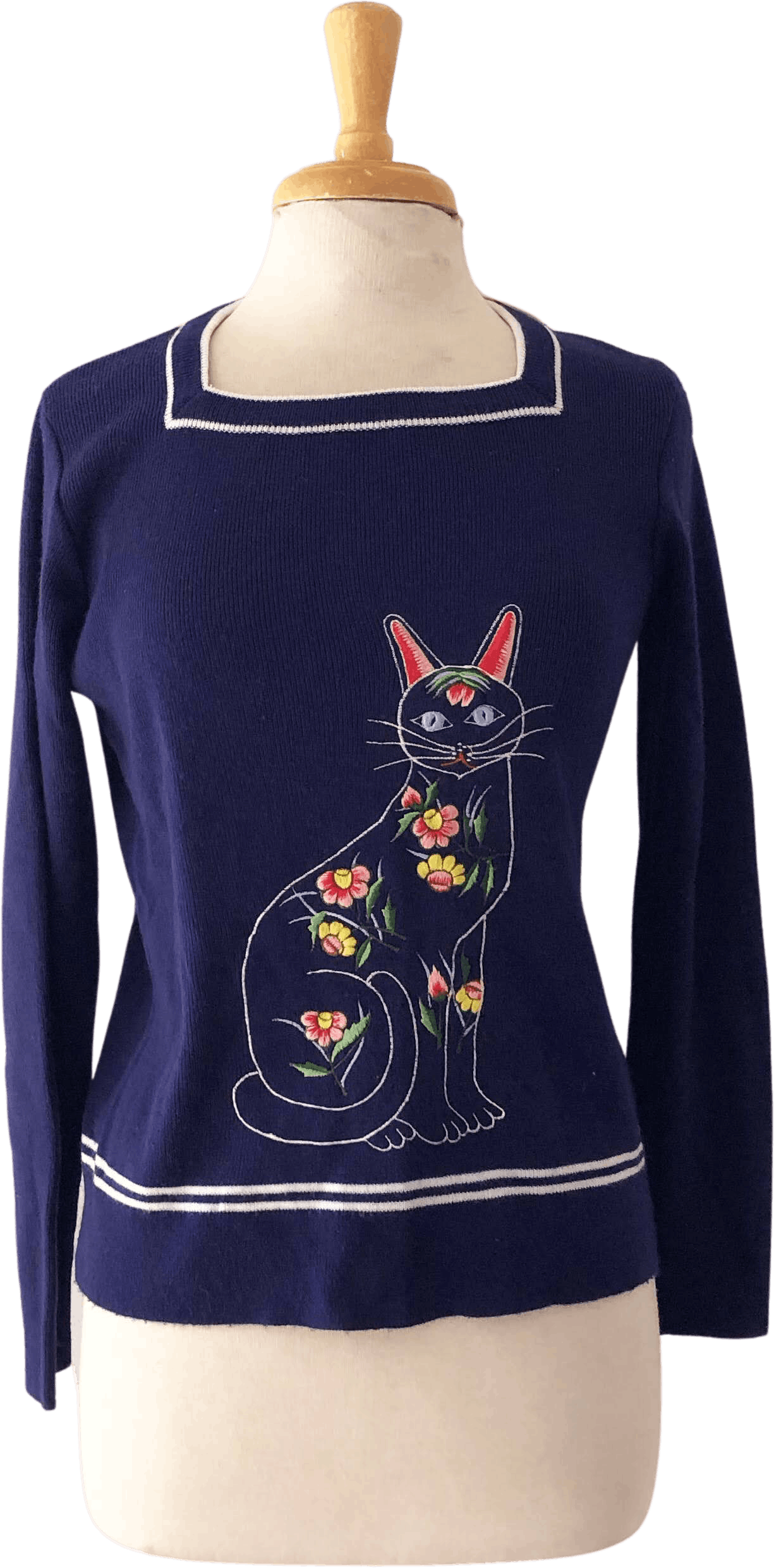 Vintage 70’s Navy Blue Cat Sweater Shop THRILLING