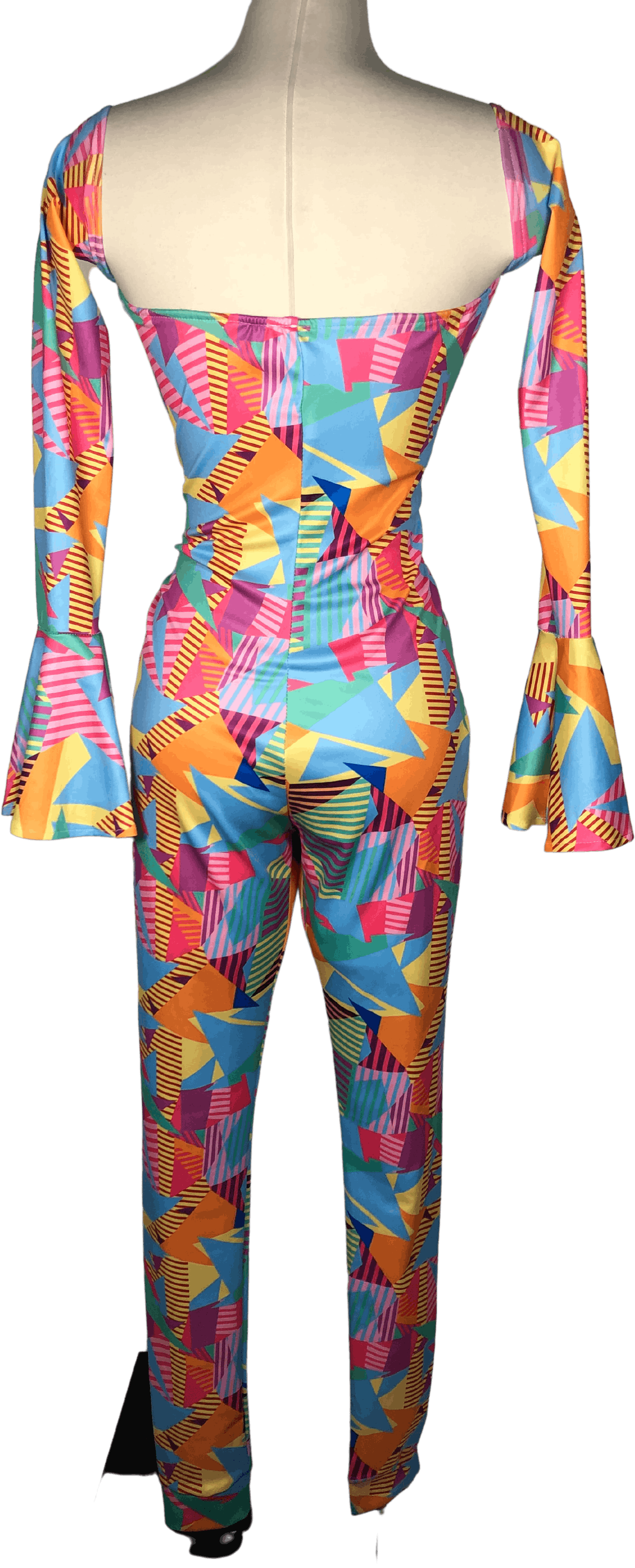 Vintage Baby Blue and Rainbow Geometric Print Off the Shoulder Jumpsuit ...