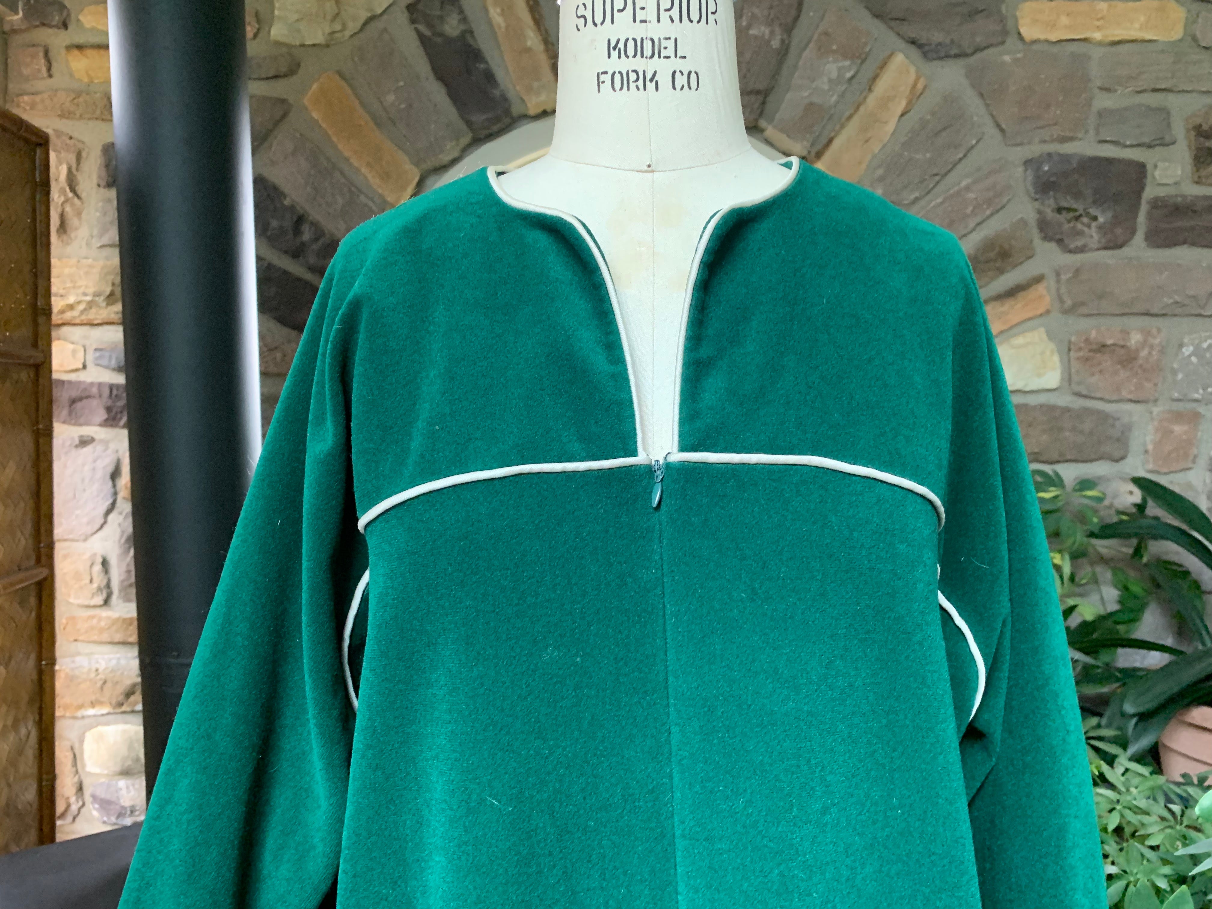Vintage 70s Green Velour White Satin Piping Zipper Front Robe By Vanity ...