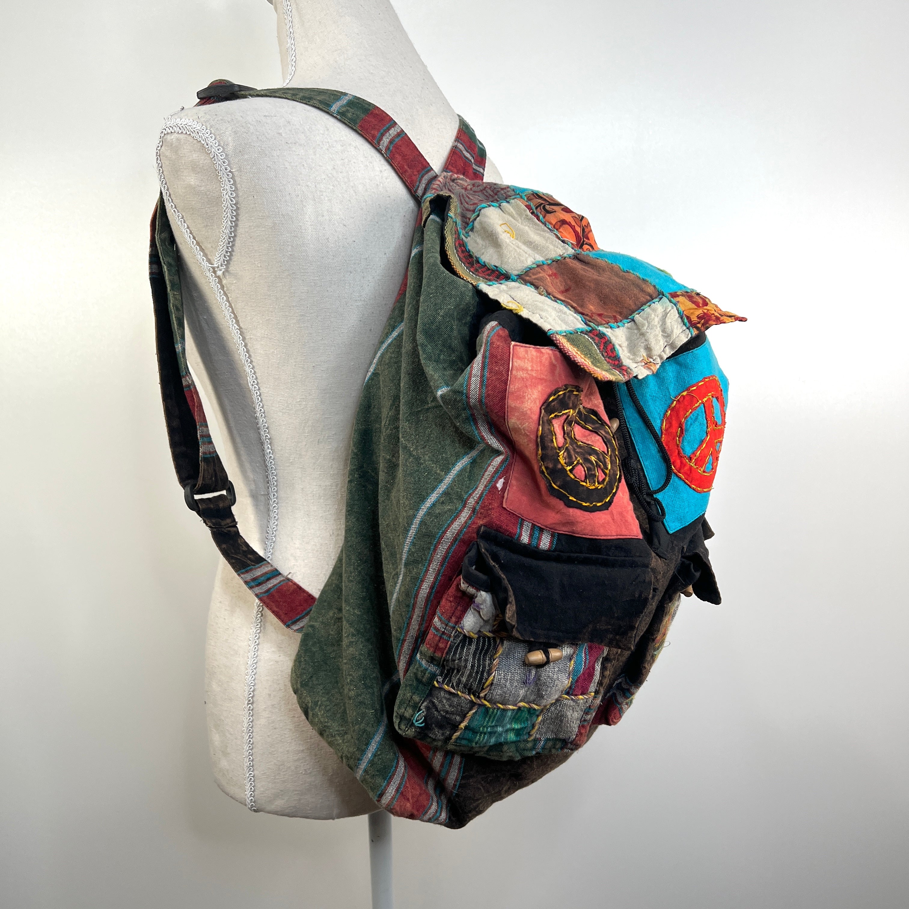 Vintage 90s/00s Fabric Drawstring Backpack Peace Sign Patchwork By ...