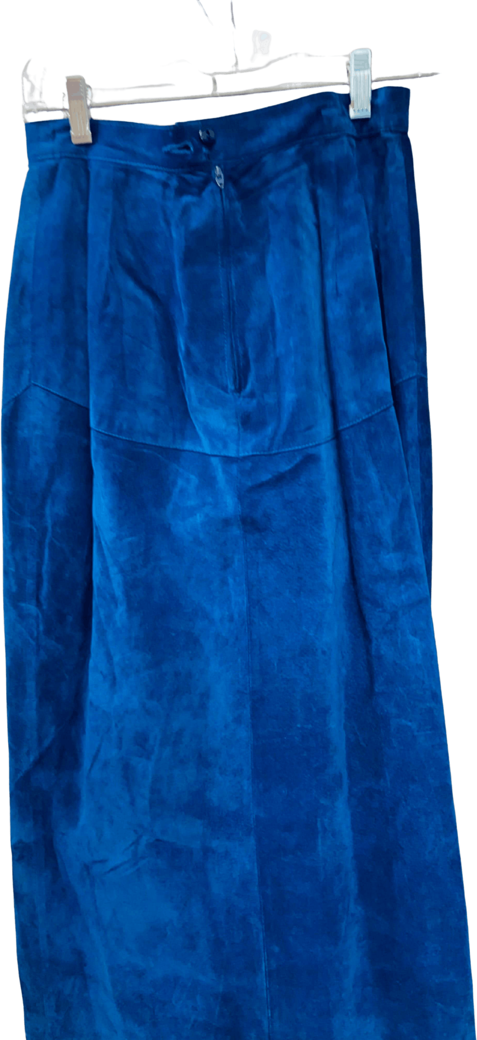 Long navy blue faux suede midi skirt with vintage Western plaid patchwork and belt