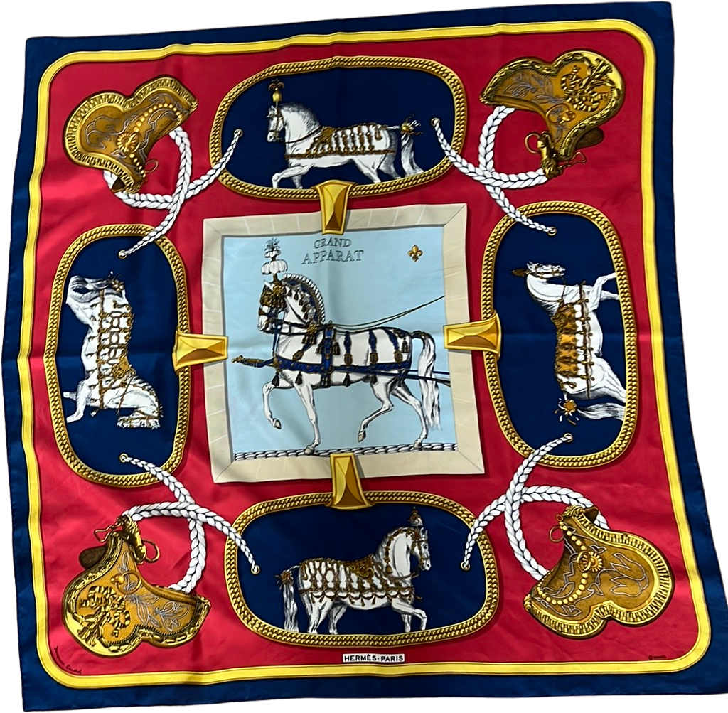 Hermes Vintage Carrousel Horse Blue Gold Royal Equestrian Silk Carre S –  Amarcord Vintage Fashion