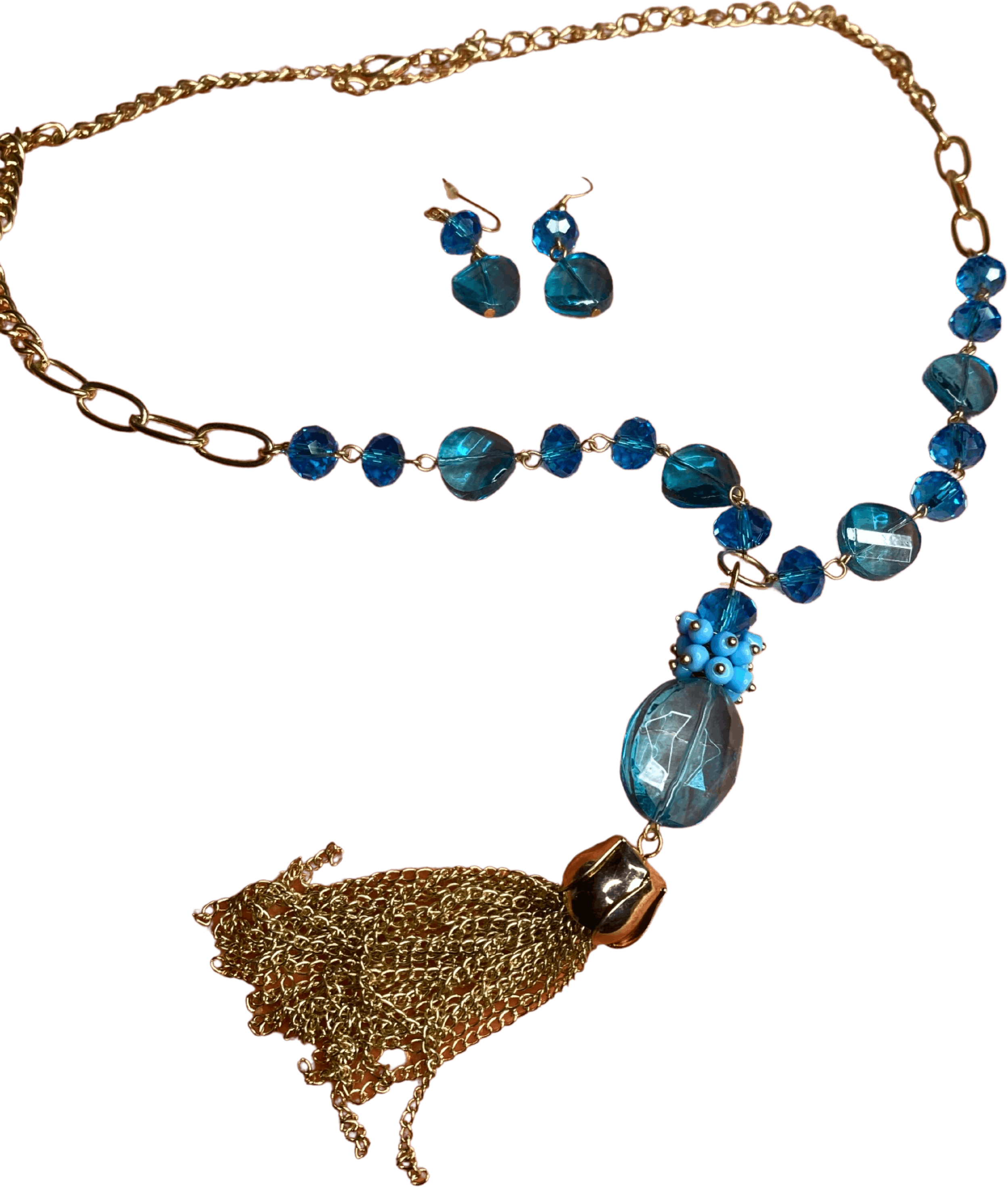 Vintage 80's Blue and Gold Tone Earrings and Necklace Set Shop THRILLING