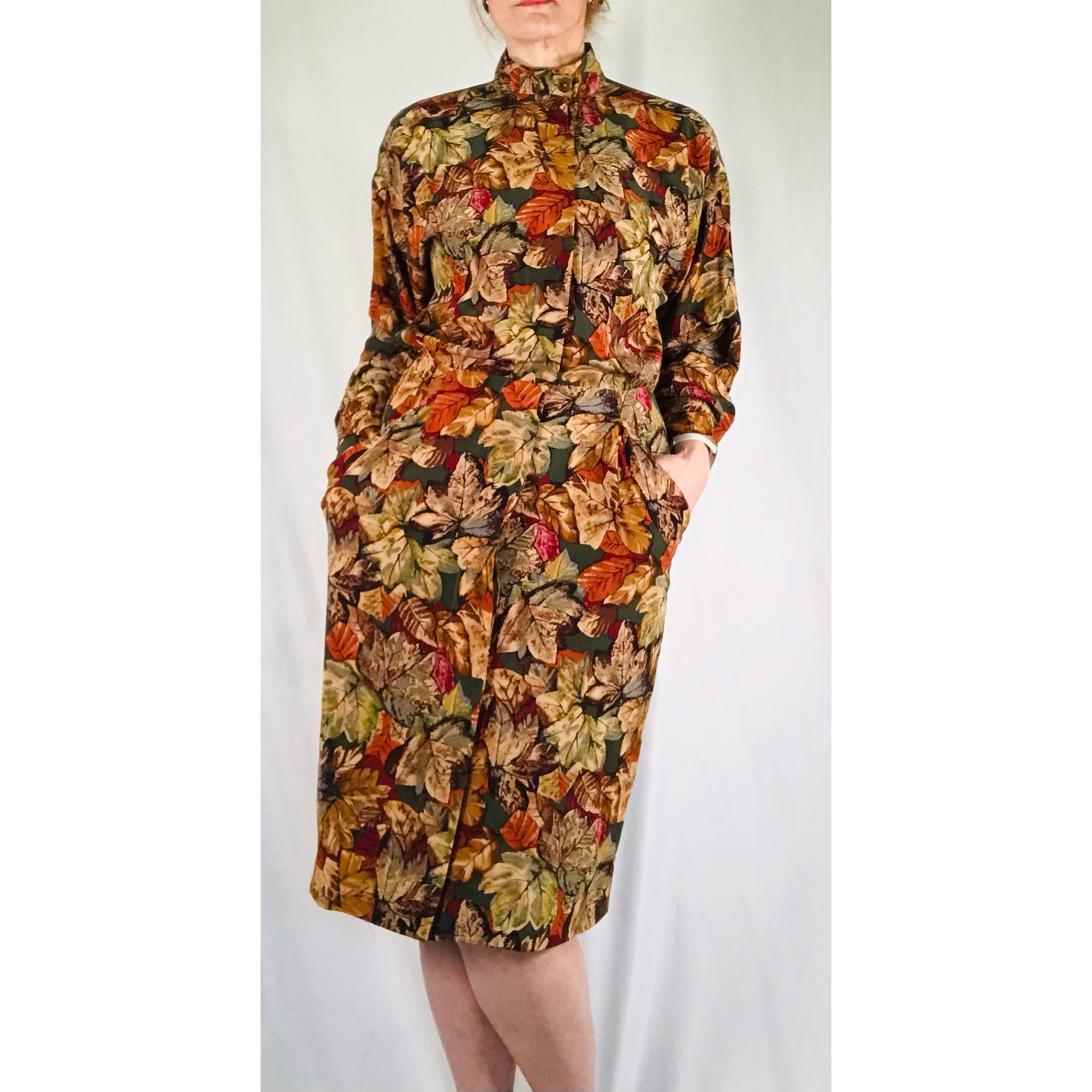 Vintage 80s Multicolor Fall Leaf Print Silk Midi Dress By Maggie London ...