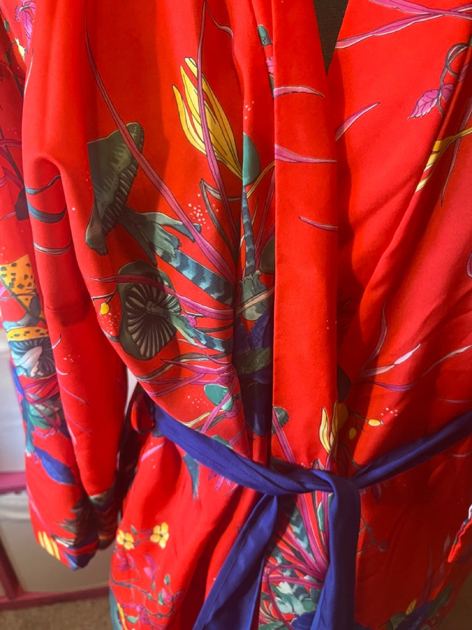 Vintage 70s Mushroom Floral Red Kimono Robe with Sashes by Evelyn ...