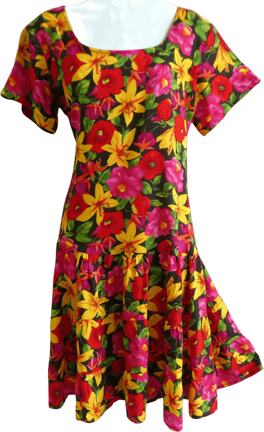 Vintage 80’s Dress Bold Floral Drop Tiered Ruffle Tropical by Josephine ...