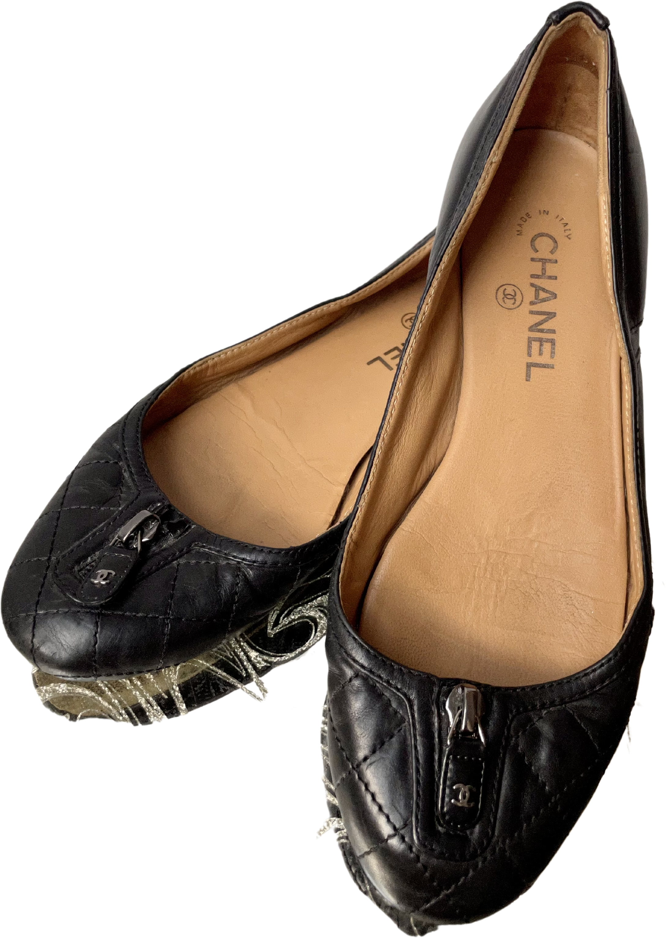 90s/00s Black Leather Quilted Ballet Flats By Chanel