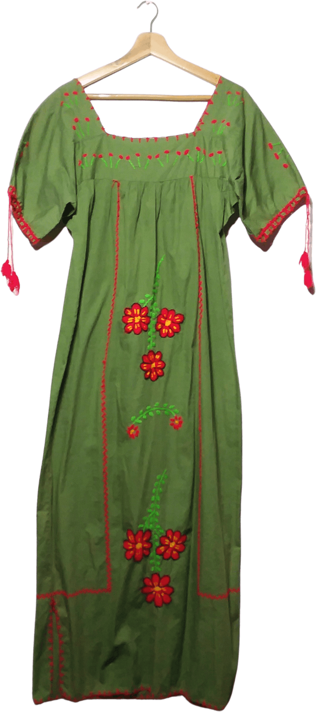 Vintage 60's/70's Olive Green Folk Dress with Large Red Embroidered