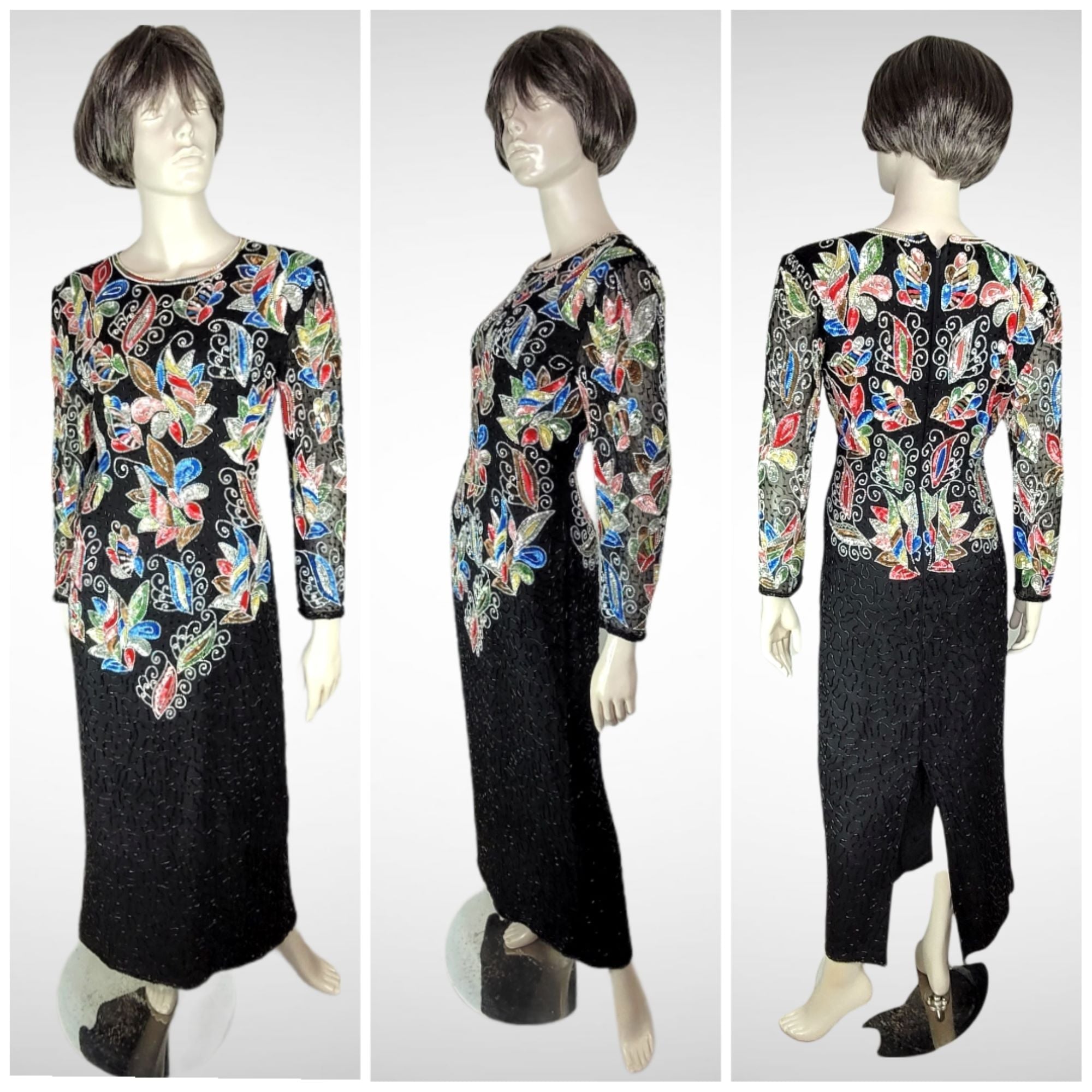 Vintage 80s/90s Black Silk Multi Beads Sequins Pearls Evening Gown By ...