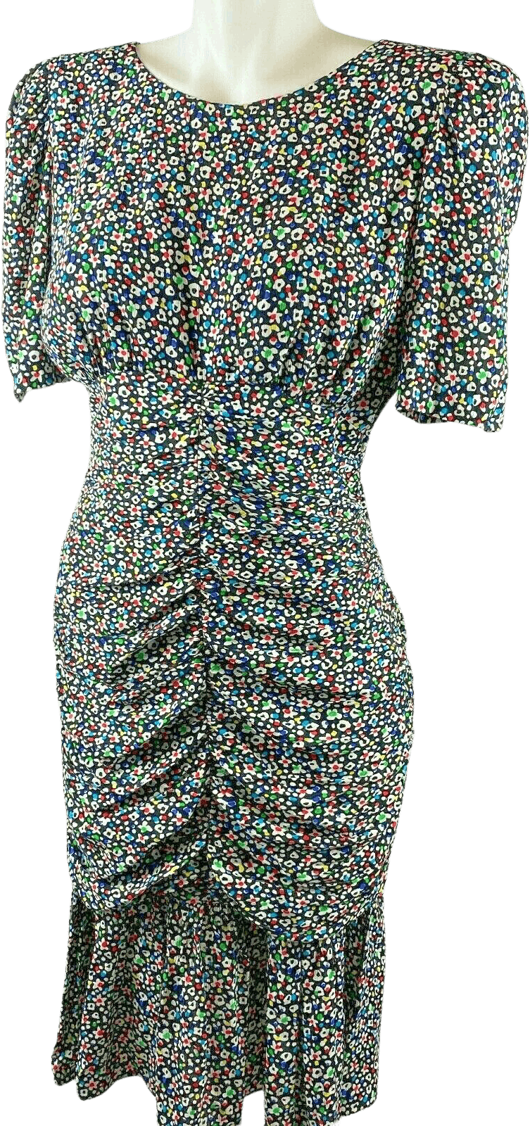 Vintage 80’s Black Colorful Dot Ruched Mini Party Dress by Datiani ...