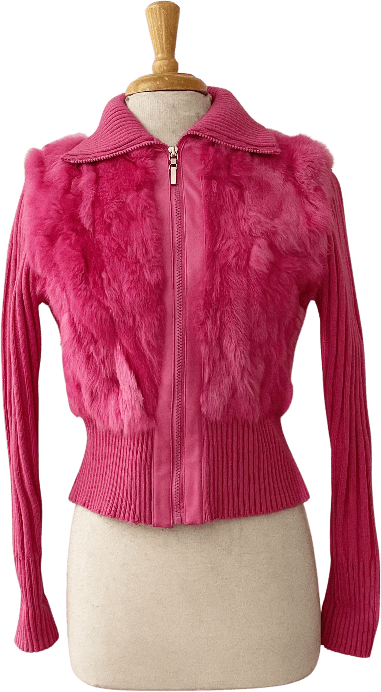 Vintage Hot Pink Rabbit Fur Ribbed Knit Jacket by Taxi Shop THRILLING