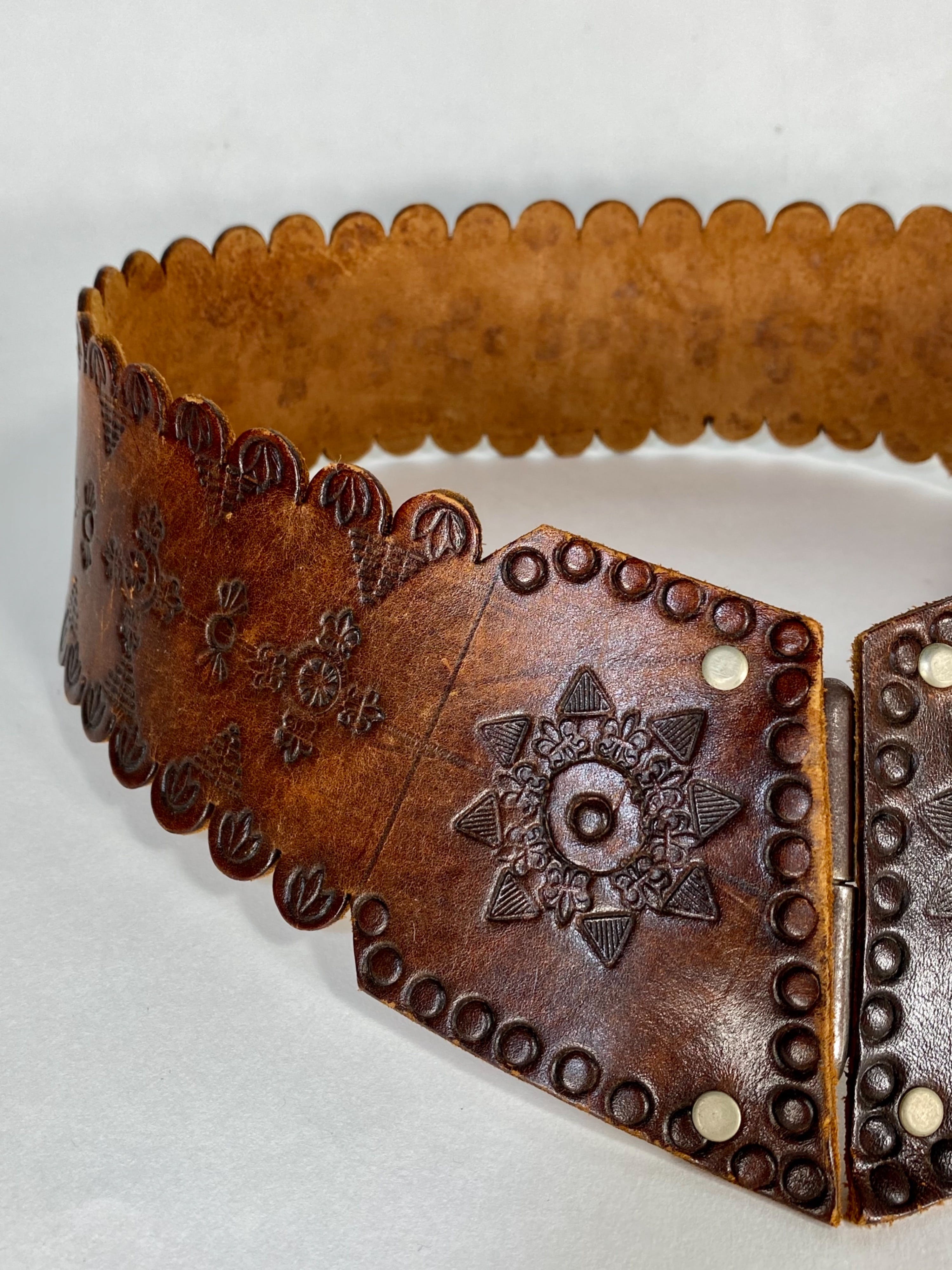 Vintage 70’s Brown Leather Stamped Wide V-Shape Belt by Hand-Made ...