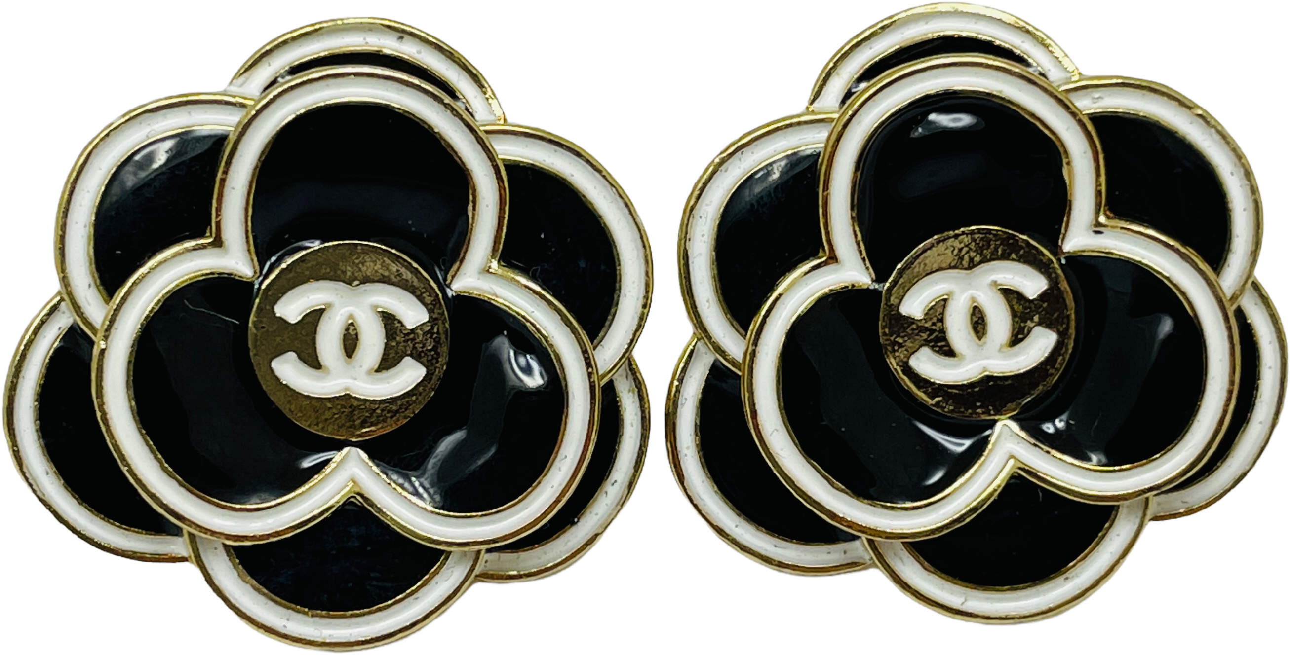Chanel Cc Camellia Black Recycled Buttons Earrings