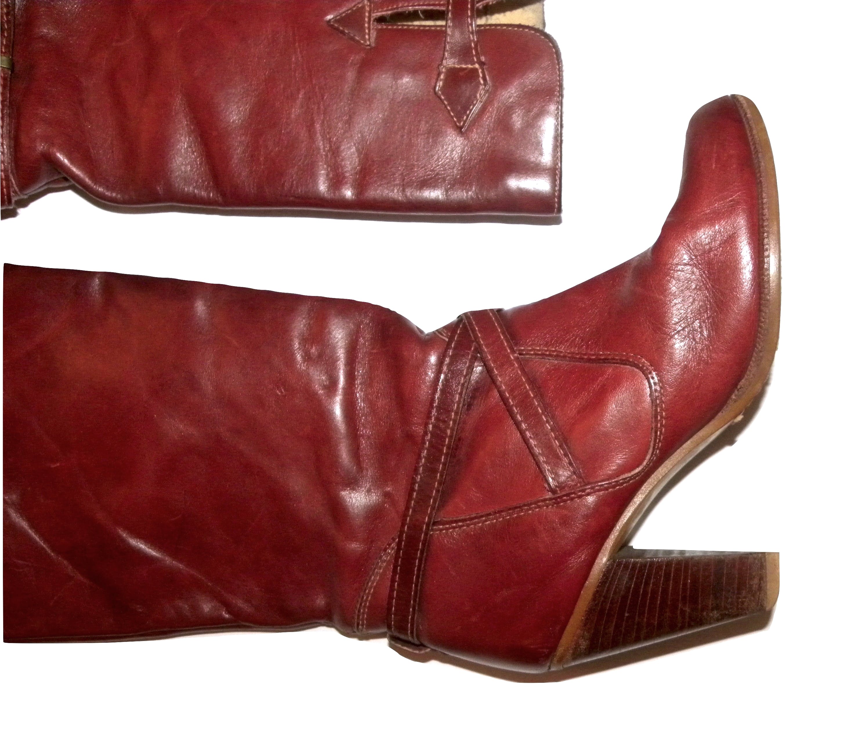 Vintage 70's Heeled Leather Boots with Straps In Cognac by Zodiac ...