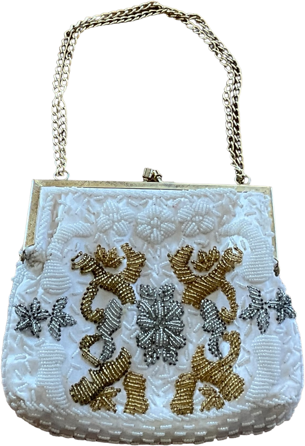 Vintage 70's/80's White Beaded Purse with Gold Chain by La Regale