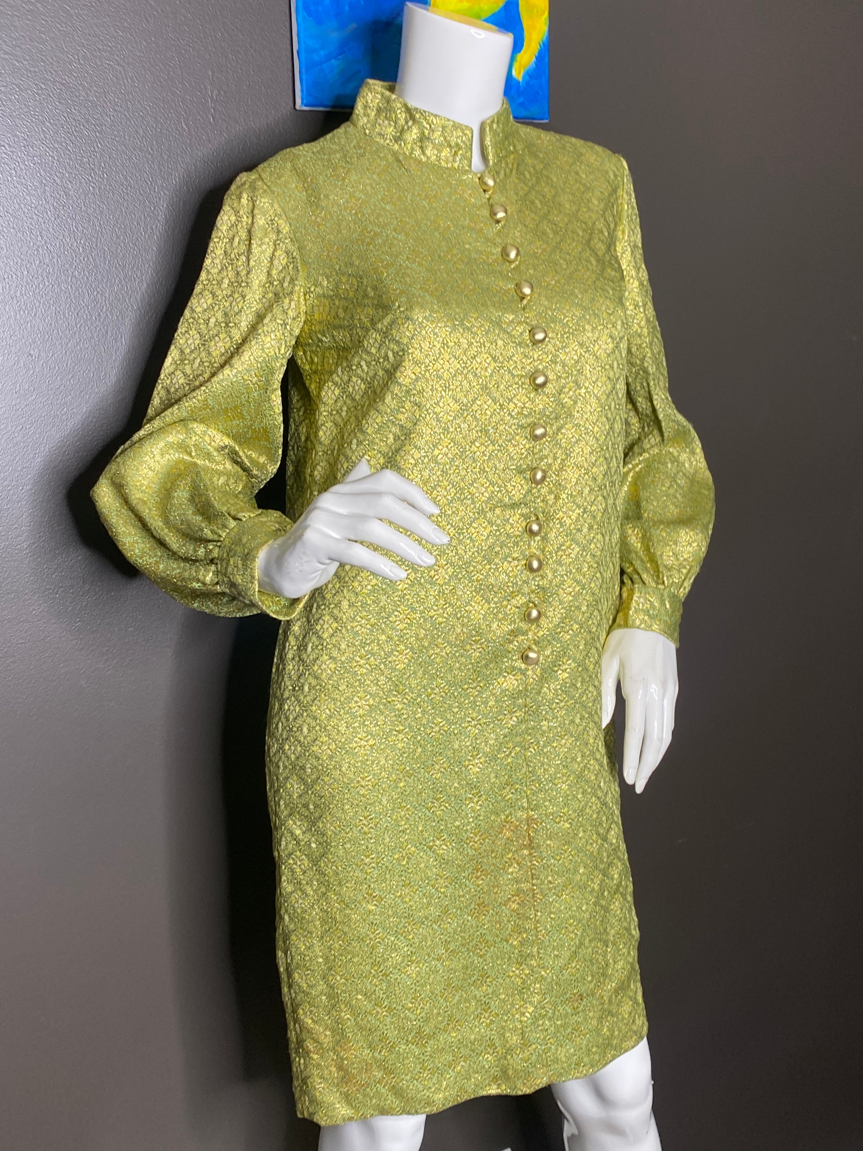 Vintage 60s Green Brocade Dress With Gold Buttons By Union Made | Shop ...