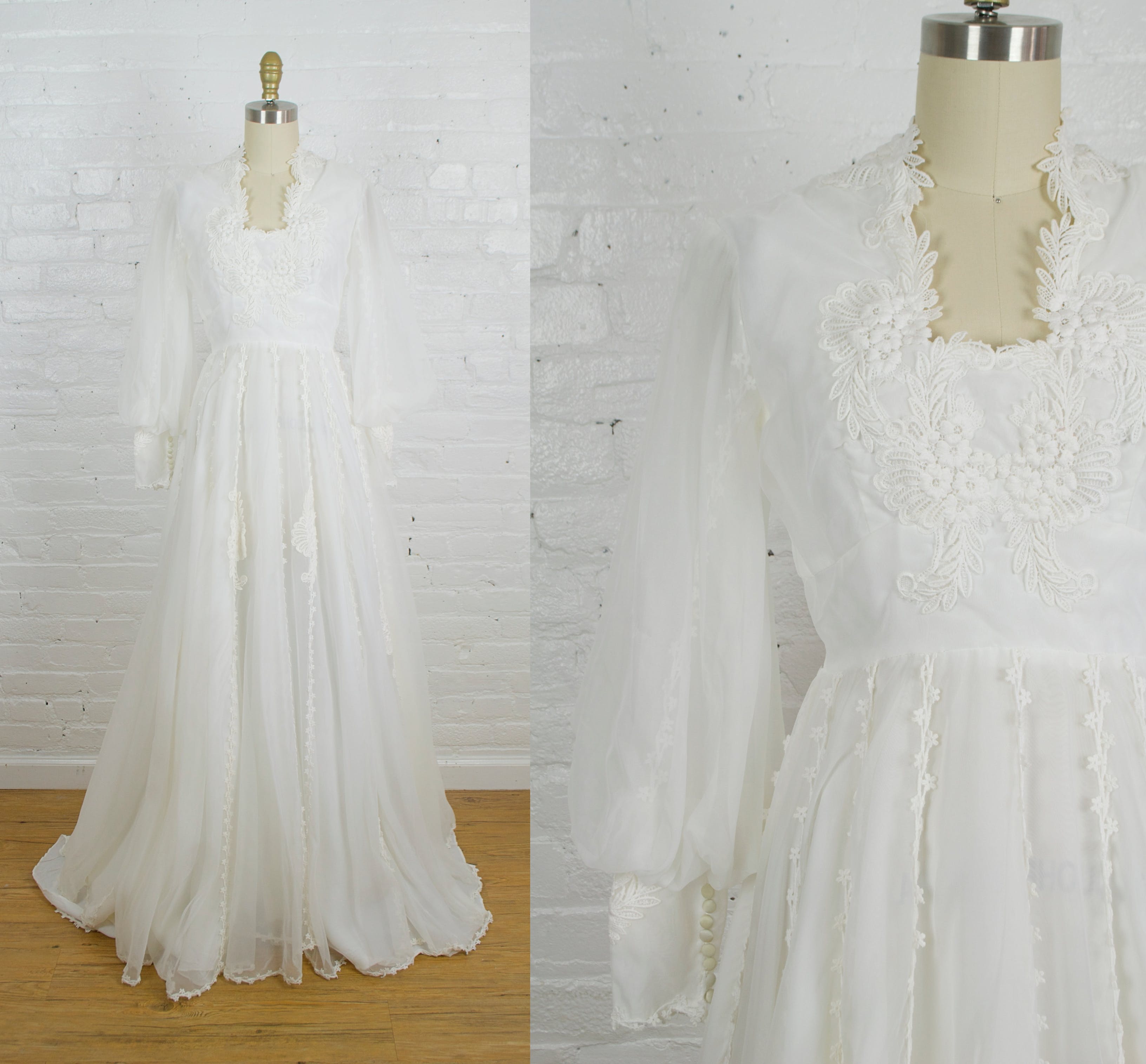 Vintage 70's Bohemian Lace Long Bishop Sleeve Wedding Dress with Long ...