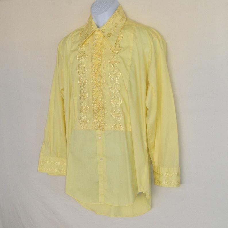 Vintage 70's Embroidered Yellow Ruffle Tuxedo Shirt by After Six | Shop ...