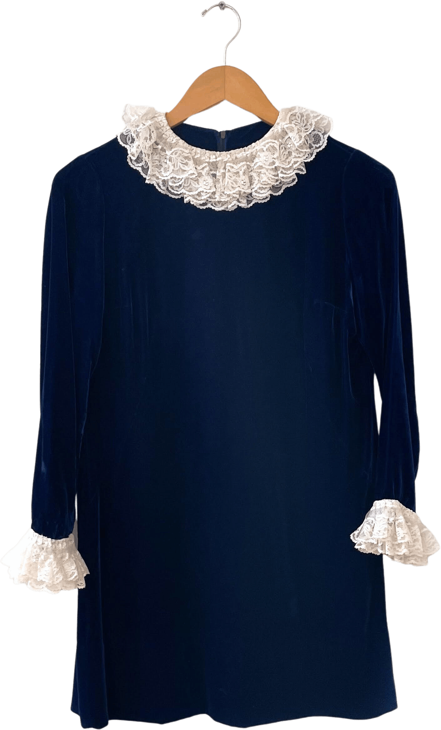 Vintage 60’s Mod Blue Velvet Dress with Lace Collar and Cuffs Shop
