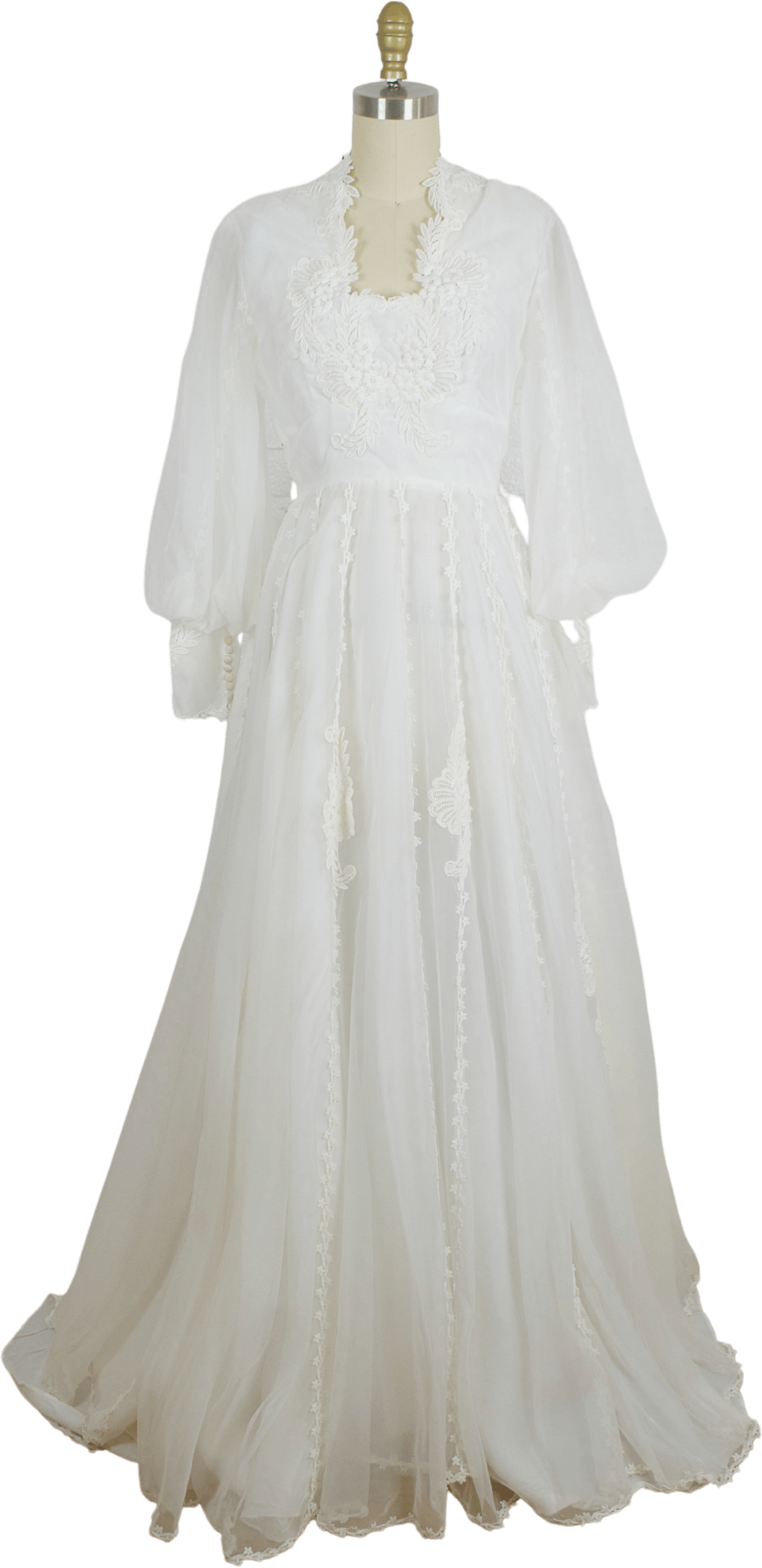 Vintage 70s Bohemian Lace Long Bishop Sleeve Wedding Dress With Long Train By Shop Thrilling 