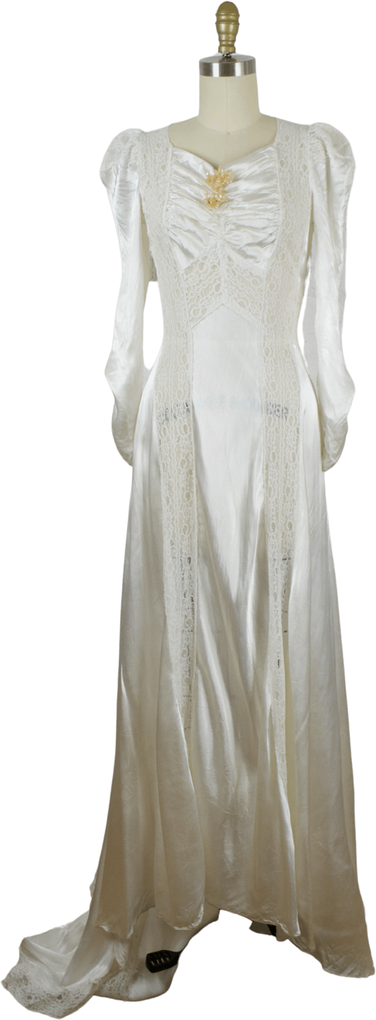 Vintage 30s White Satin And Lace Wedding Dress With Long Train And Wax Flower Shop Thrilling 5364