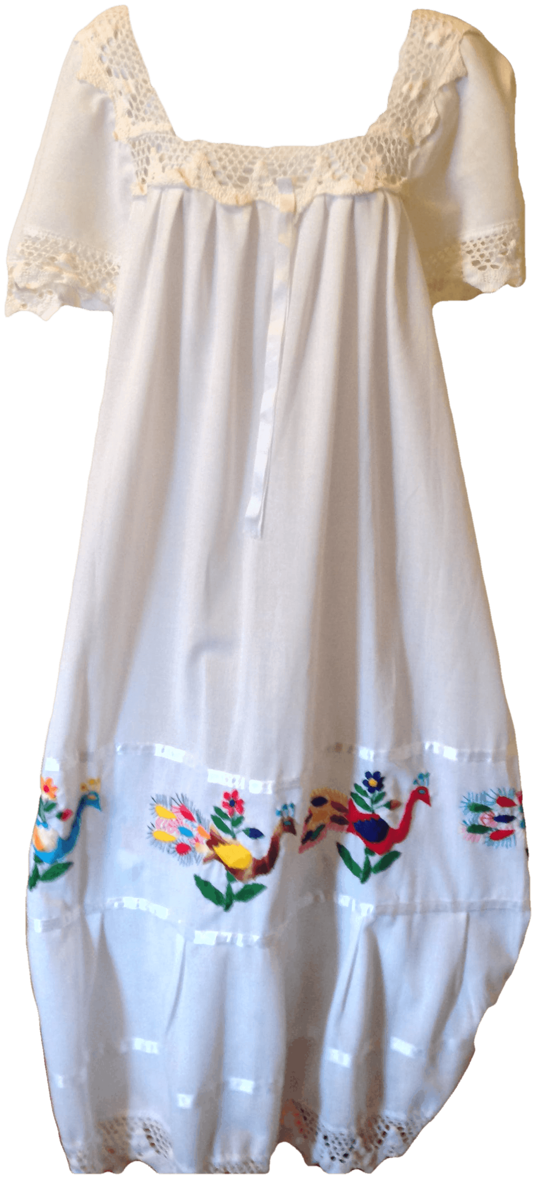 Vintage Embroidered Long White Peasant Dress with Macrame Trim