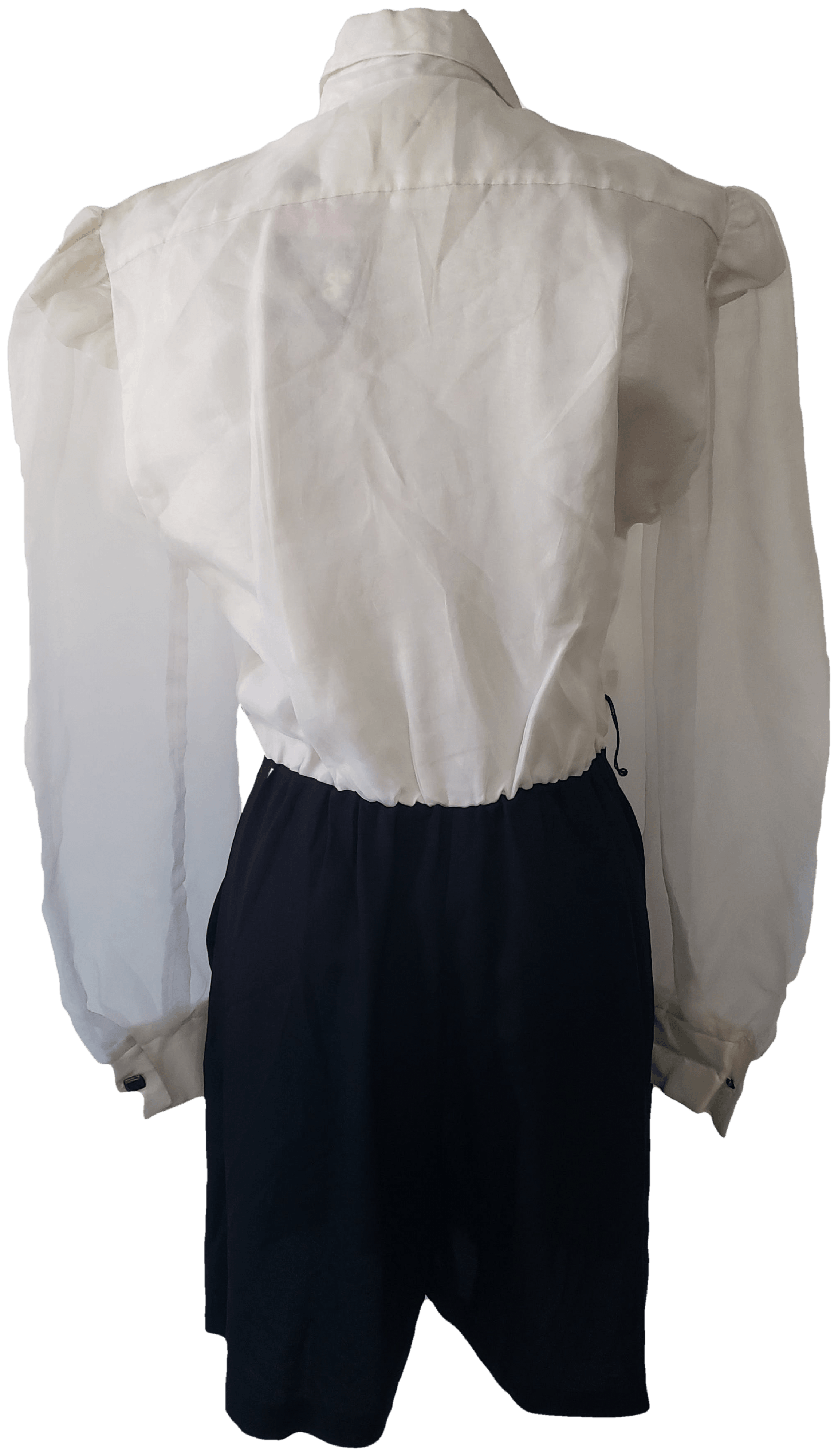 Vintage Sheer White Shirt with Ruffled Collar and Black Shorts by ...