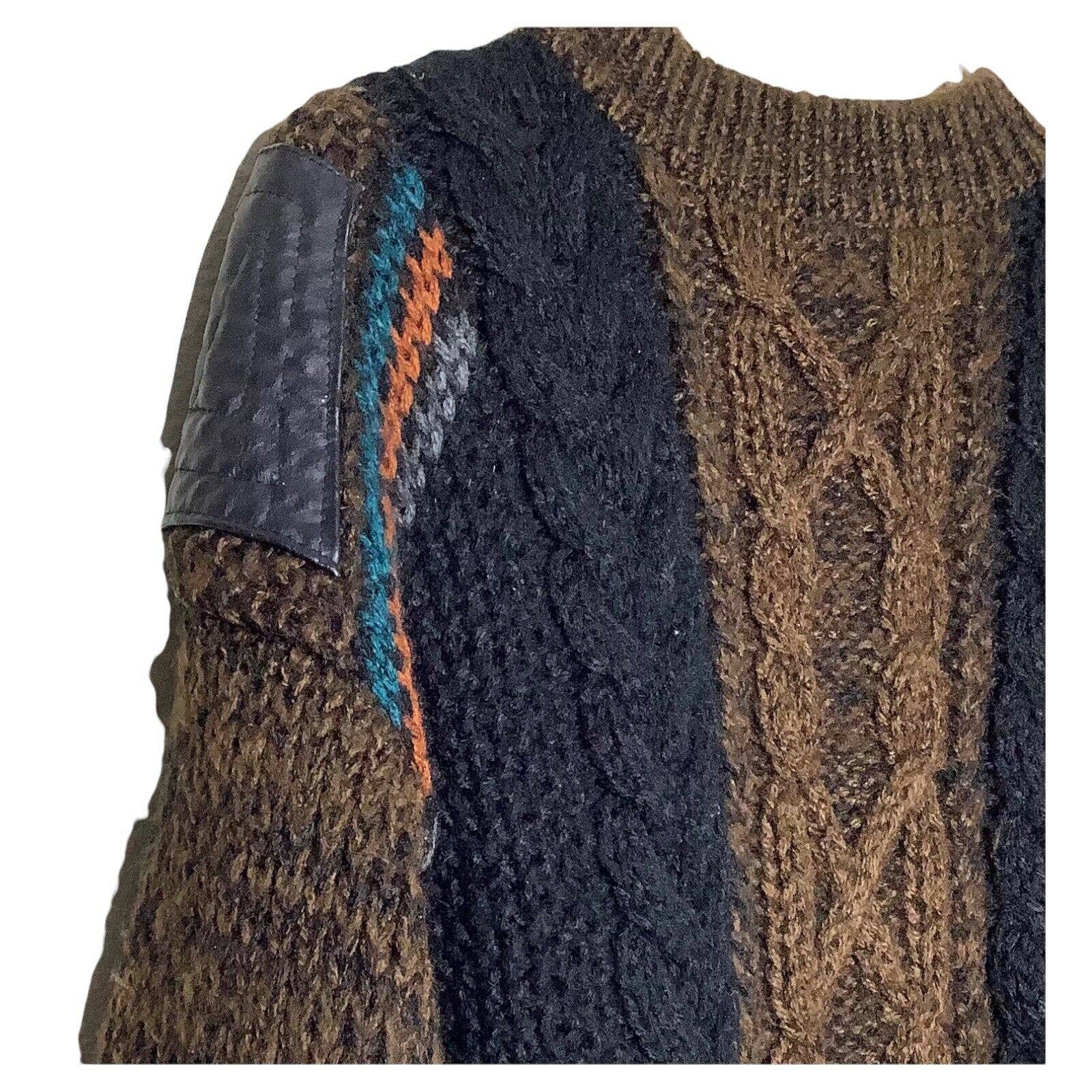 Vintage Sweater 80s Large Chunky Knit Colorblock Faux Leather Patches ...