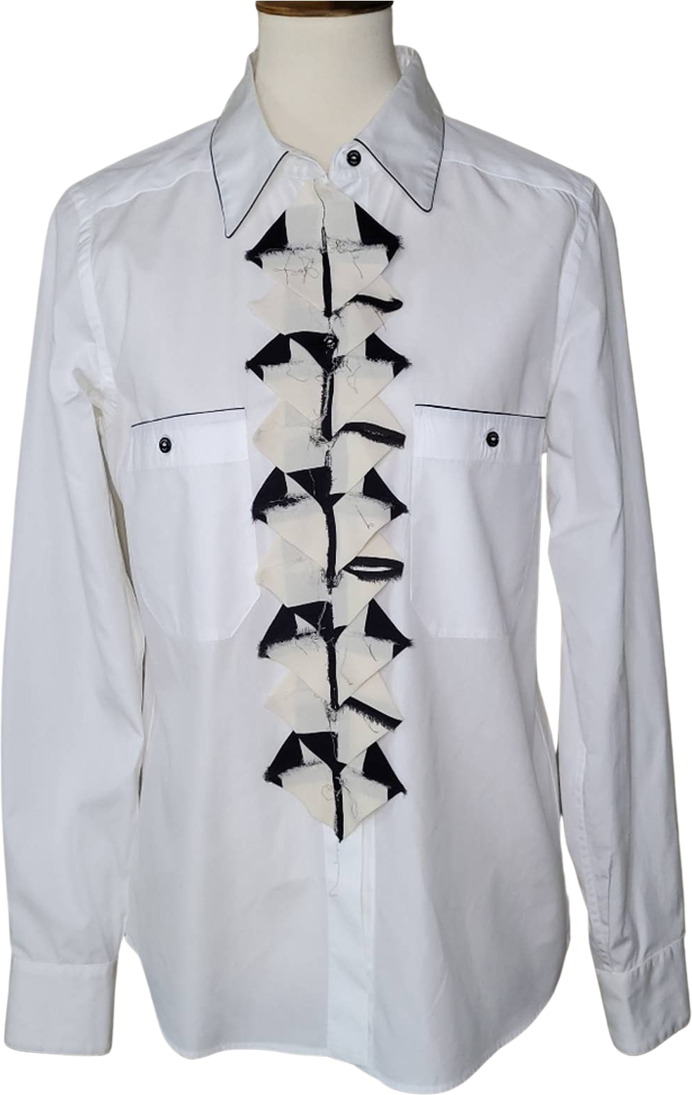White Long-Sleeved Poplin Collared Blouse with Ruffle Detail and Front  Pockets by Chanel