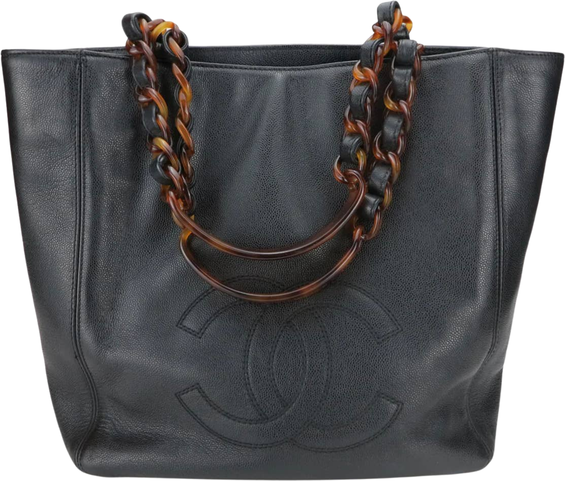 Chanel Vintage Tortoise and Leather Chain Handle Tote Caviar