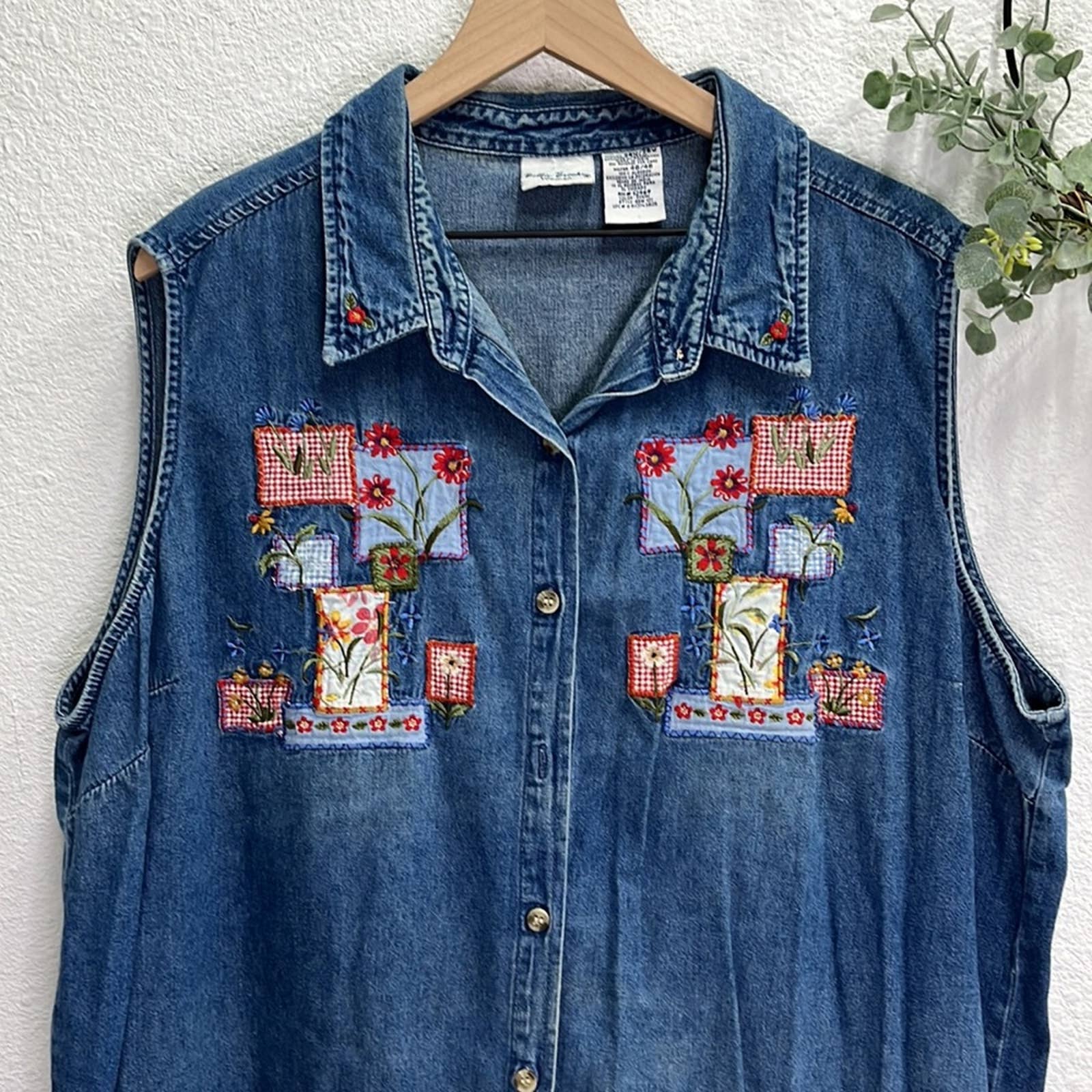 Vintage Bobbie Brooks Embroidered Jean Vest Women Plus Flower Garden b ...