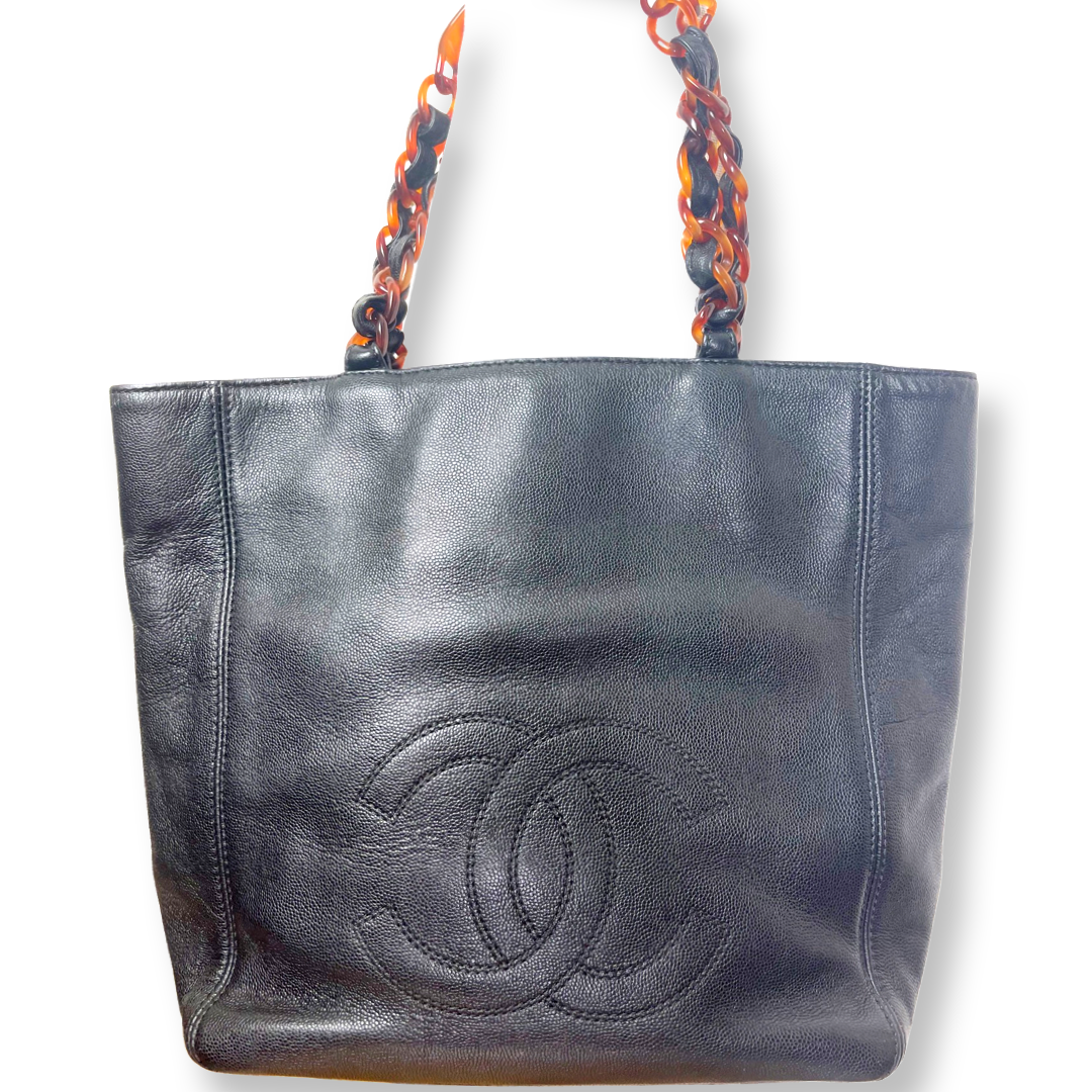 Chanel Vintage Tortoise and Leather Chain Handle Tote Caviar Leather C |  Shop THRILLING