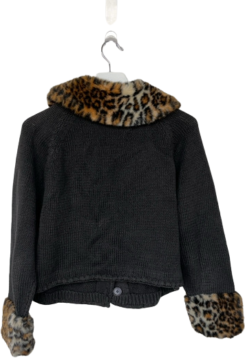 Vintage 80s Faux-fur Collar And Button Boxy Knit Cardigan By